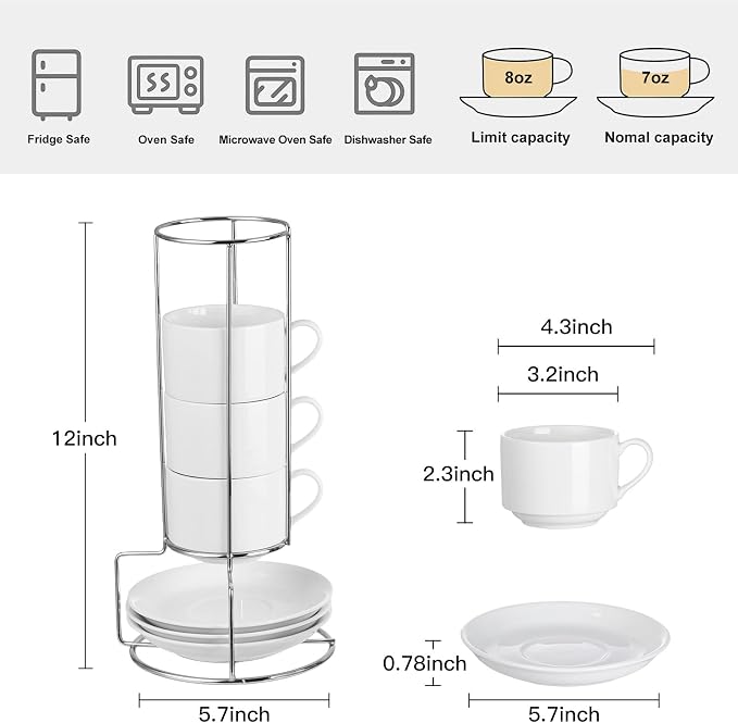 8oz Porcelain Cappuccino Cups with Saucers and Metal Stand, Stackable Coffee Cups for Specialty Coffee Drinks, Cappuccino, Latte, Espresso, Americano and Tea - White Cups Set of 4