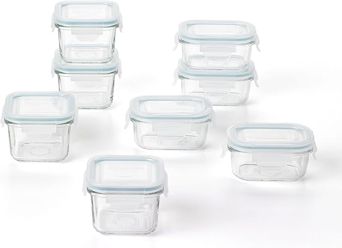 Glasslock Mini Reusable 5 Ounce Rectangular and 7 Ounce Square Tempered Glass Food Storage Container Set for Fridge and Freezer, 8 Piece Set