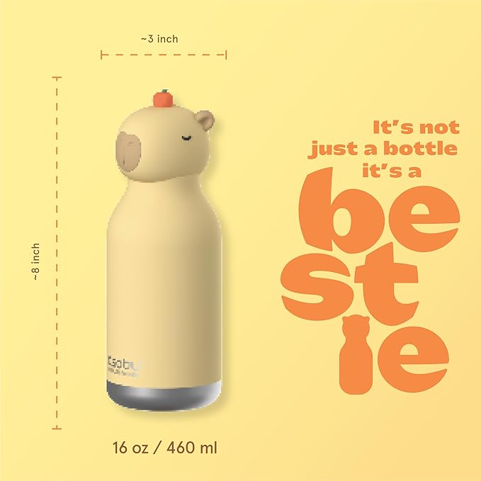 asobu Bestie Bottle Limited Edition Collectible Kids Water Bottle with Animal Character Lid 16oz (460ml) Insulated Stainless Steel, Leakproof, Reusable with Straw Fun Gift for Girls & Boys