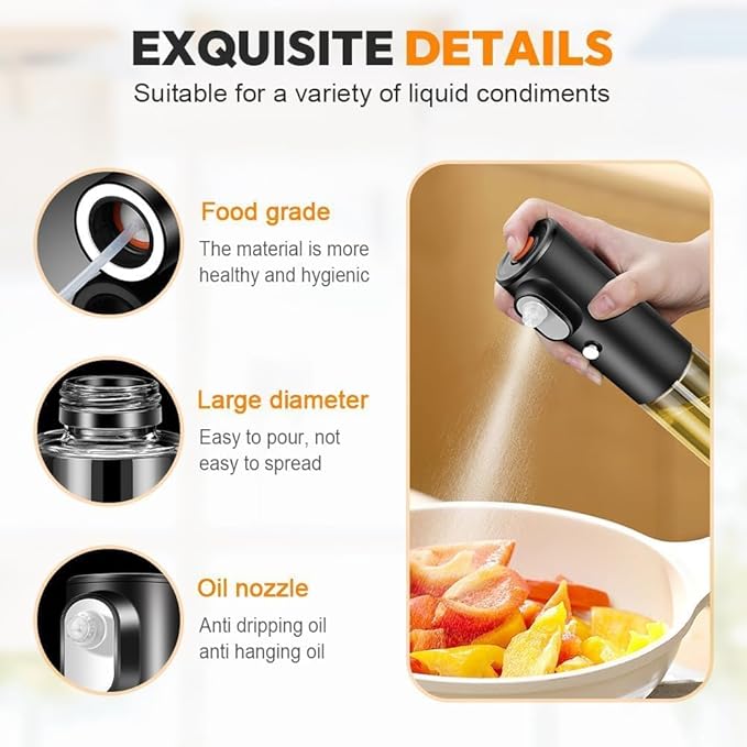 Electric Butter Sprayer for Popcorn, 200ml Rechargeable Glass Oil Sprayer Bottle, 2 Modes Continuous Fine Mist Dispenser for Cooking, Air Fryer, Baking, BBQ & Grilling (2PCS)