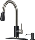 FORIOUS Kitchen Faucets with Soap Dispenser and Pull Down Sprayer, Bar High Arc Single Handle Classic 3 Modes Stainless Steel Faucet for Kitchen Sink Farmhouse RV Laundry Camper, Black Brushed