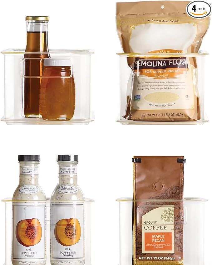 Clearly 4-Pack Clear Plastic Organizing Bins, 10x6.5x5 Inch – Stackable Pantry Storage with Handles – BPA-Free Fridge, Freezer, and Cabinet Organizer – Made in the USA
