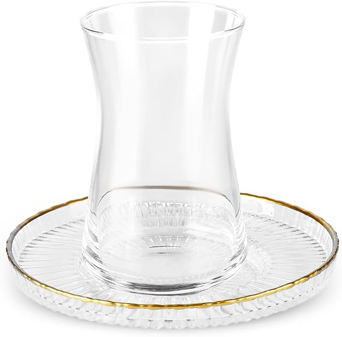 KARACA Nilufer 12-Piece Turkish Tea Glass & Saucer Set, 5.7 oz (170 ml) Gold Trim Clear Glass Tea Service for 6 People, Geometric Pattern Tulip Teacups with Saucers, Hand Wash Recommended