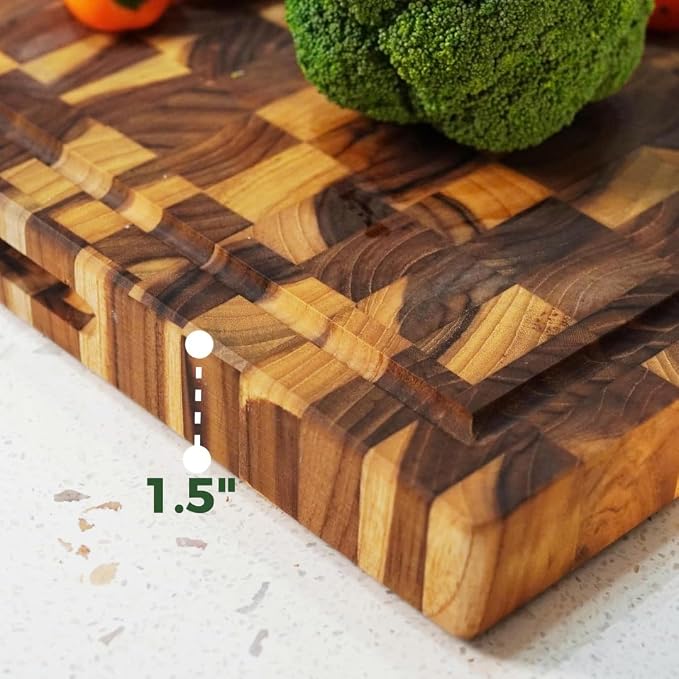 Teak Cutting Board for Kitchen – End Grain 17 x 13 x 1.5 Inch Medium Butcher Block with Juice Groove & Side Handles for Meat & Meal Prep