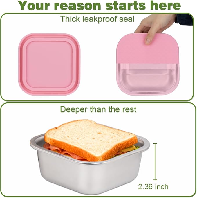 4 Pack Sandwich Containers: 30oz Stainless Steel Lunch Box with Silicone Lids, Meal Prep Container Reusable Metal Sandwiches Food Storage for Kitchen & Office Salad Snacks Fruits