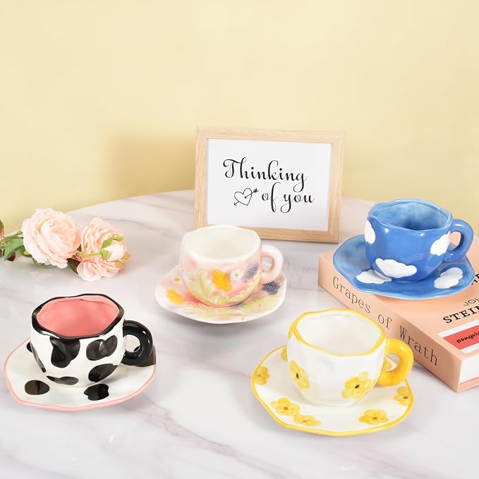 Koythin Ceramic Coffee Mug with Saucer, Cute Unique Handmade Cup for Women for Office and Home, Dishwasher and Microwave Safe, 10 oz/300 ml for Latte Tea Milk (Dark Blue Sky and White Clouds)