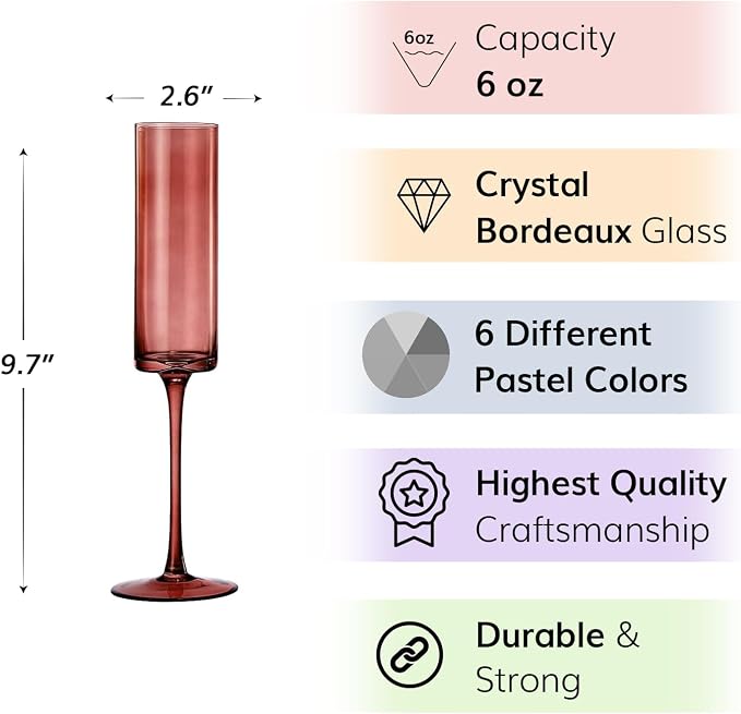 Khen Colored Champagne Flute Stemmed Glasses | Set of 6 | 6oz Art Deco Stemmed Martini Muted Vintage Glasses for Champagne, Cocktail, Margarita, Wedding Glass, Gift Idea, Muted Pastel Colors Unique