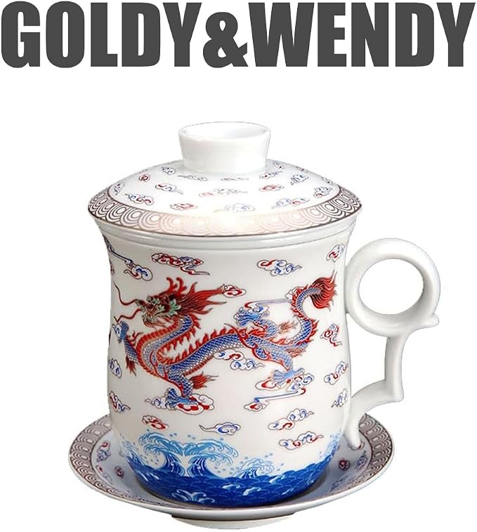 GOLDY&WENDY Premium Ceramic Tea Cup with Lid Chinese Pattern Anti-scalding Handle Design Coffee Mug or Porcelain Cup
