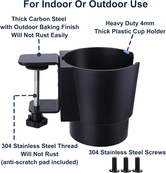 Universal Large Desk Cup Holder Clamp on, Heavy Duty Plastic Drink Holder for Table, Porch Swing, Patio Chair, Clip On Anti-Spill Bottle Holder for Most Cups, Bottles, Cans, Tumbles, Black, Pack of 2