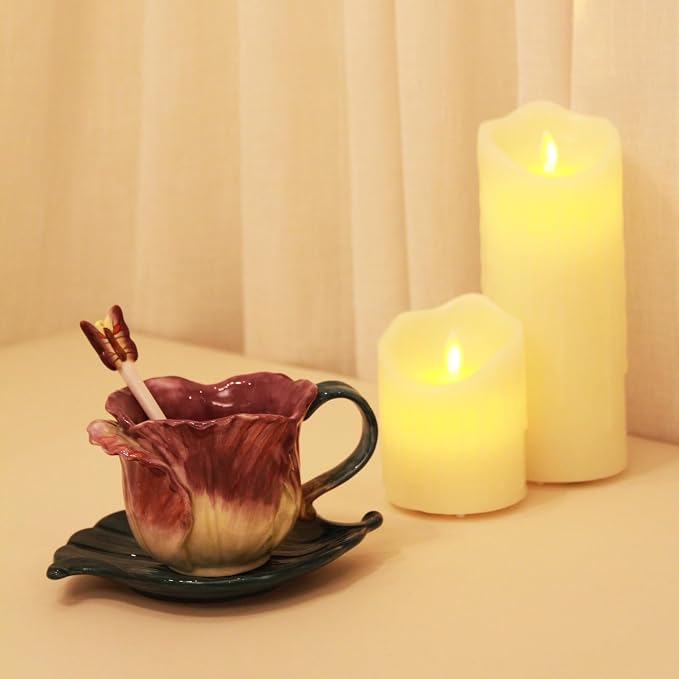 Ceramic Tea Cup and Saucer Set ，6OZ 3D Hand-Painted Flower and Lotus Leaf Coffee Mug，Gift for Women- Purple Tulip