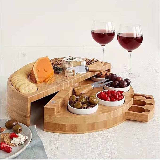 Bamboo Cheese Board Set with Cutlery, Foldable Charcuterie Board with Ceramic Bowls and Knife Set, Portable Serving Tray for Cheese, Steak, Pizza (Half Round with Small Bowl Knife and Fork)
