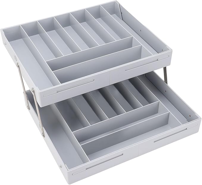 TOPINCN 2 Tier Collapsible Multi Level Drawer Organizer Tray, Folding Smart Drawer Storage, Expandable for Makeup, Jewelry, Silverware, Utensils, Kitchen Office Supplies (Gray)