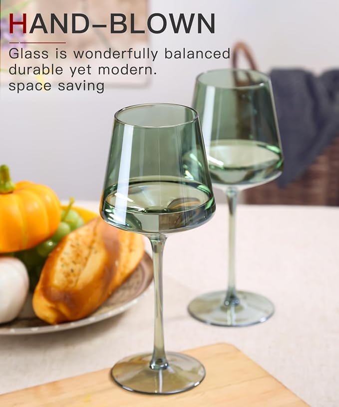 Green Wine Glasses Set of 6-18oz Colored Square Wine Glasses with Tall Long Stems and Flat Bottom,Crystal Colorful Wine Glass-Unique Gifts for Wine Lovers,Wedding Gifts (Light Blue Sea)