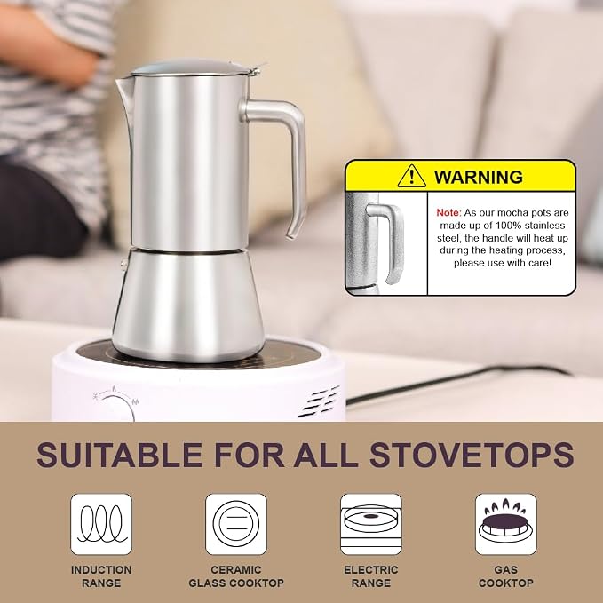 wedrink Stovetop Espresso Maker 4 Espresso Cups Stainless Steel Moka Pot for Greca, Induction, Electric & Gas Stoves(6.5 OZ/200ml)