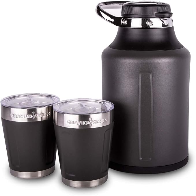 GrowlerWerks Element Stainless Steel Growler – Double-Wall Vacuum-Insulated for Cold Beverages All Day – Beer, Seltzer, Hydro, Coffee – Easy Pour Spout, Twist Lock Cap, and To Go Carry Handle, 64 oz