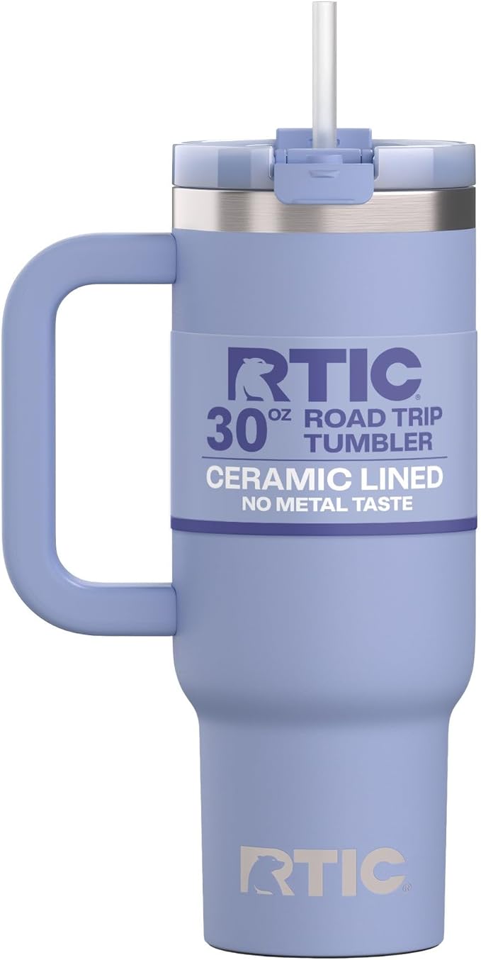 RTIC 30 oz Road Trip Tumbler Double-Walled Ceramic Lined InsulatedStainless Steel Portable Travel Coffee Mug Cup with Lid, Handle and Straw, Periwinkle