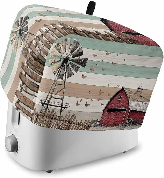 Windmill Farmhouse Toaster Cover 2 Slice, Vintage Teal Brown Wooden Dustproof Bakeware Oven Protector with Top Hook, Butterfly Waterproof Small Kitchen Appliance Toasters Dust Cover, 11"x6"x8"