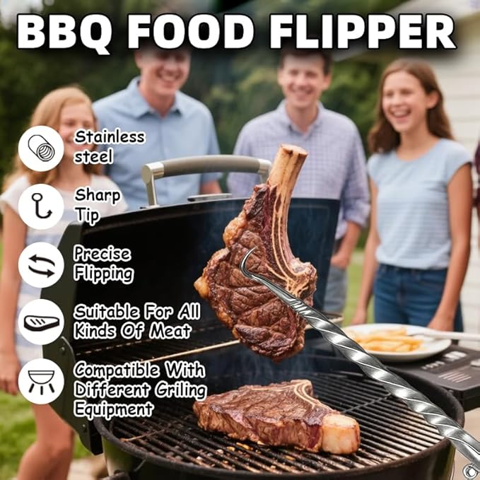 Stainless Steel Meat Hook Flipper, Steak Flipper Hook, Pig Tail Meat Flippers, BBQ Food Flippers, Steak Turner Hook, Meat Turner Hooks,Turning Vegetables and Meats (Stainless Steel Left Hand A)