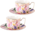 KAMMAK Tea Cups and Saucers Set of 2, Porcelain Coffee Cups, Stackable Espresso Mugs, Ceramic Demitasse for Coffee, Latte, Americano, Tea, Turmeric - Gold