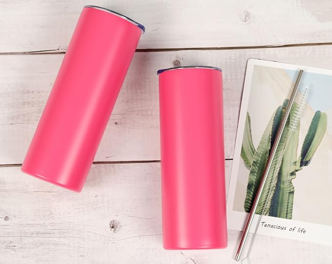 8 Pack 20 Oz Straight Skinny Tumblers,Individually Gift Boxed Stainless Steel Slim Skinny Tumbler Set Bulk, 20 Oz Insulated Slim Thin Travel Tumbler Cup for Diy,Hot Pink