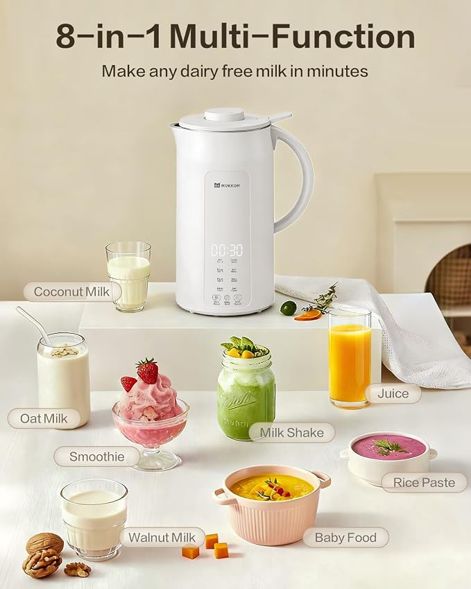 MOKKOM Nut Milk Maker, 42oz Automatic Almond Milk Machine for Homemade Plant-Based Milk, Oats, Soy, Dairy Free Beverages, Soy Milk Maker with Delay Start/Keep Warm/Self-Cleaning/Boiling, White
