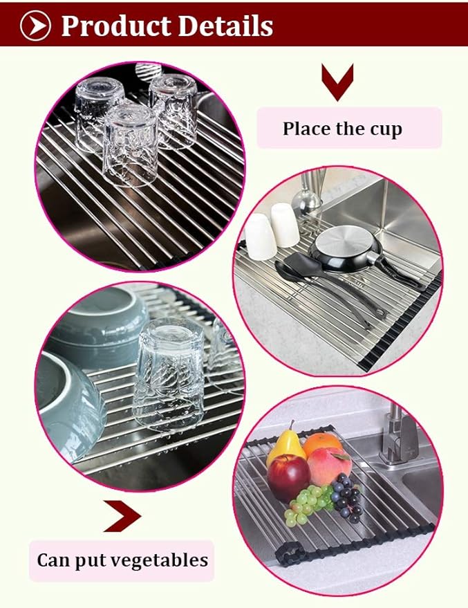 Foldable Roll Up Dish Drying Rack Drain Board Colander Mat and Dry Dishes Over The Sink Multipurpose Silicone Stainless Steel Dishes Drainer - 2pcs