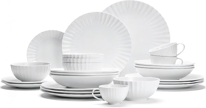 16-Piece Bone China Dinnerware Set for 4, White embossed dinnerware set, Plates and Bowls with Textured Design, Microwave Dishwasher Safe