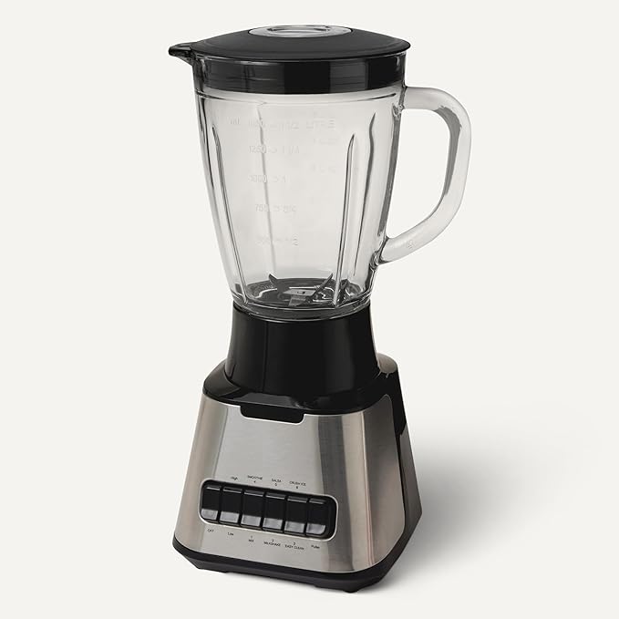 Amazon Basics Powerful 700W Countertop Blender with 6-Cup (50 Fl. Oz) Glass Jar, 6 Pre-Programmed Functions, Ice Crush, Stainless Steel Blades, Black & Silver