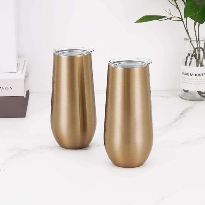 Lifecapido 4 Pack Stemless Champagne Tumblers, 12oz Insulated Champagne Flutes with Lid, Insulated Champagne Glass, Champagne Flute Tumbler, Great Gift for Birthday Party Wedding Christmas (Gold)