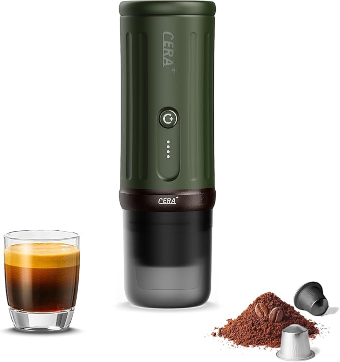 CERA+ PCM03S Portable Espresso Machine 5-8 Cups per Charge, Self-Heating 20 Bar, NS Pods & Ground Coffee, Epresso Electric Travel Coffee Maker for Outing, Working, Camping