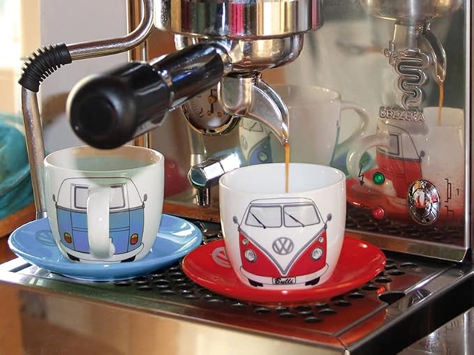 BRISA VW Collection - Volkswagen Espresso Cups Coffee-Tea-Cappuccino Set in T1 Bus Campervan Design (Bus Front/100ml/3.4 fl oz) (Set of 2 (red, blue))