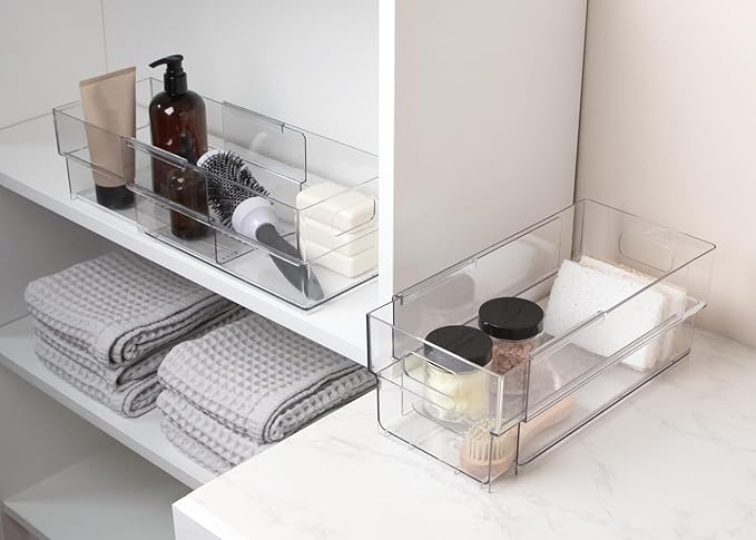 Isaac Jacobs 2-Pack Clear Expandable Storage Bins - Small, 11"-19" L x 5.8" W x 4.8" H, Plastic Organizer with Cut-Out Handles, Adjustable Length from 11-19" for Home, Kitchen & Office