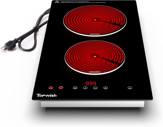 TOPWISH Electric Stove 2 Burner Electric Cooktop, 12 Inch Plug-in Stove Top | Electric Kitchen Stoves with Timer & Child Lock, 110V Cook Top Stove Electric Burners for Cooking, Built-in