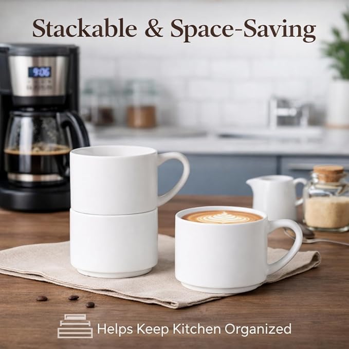 GBhome 14 OZ Coffee Mugs Set of 6, Stackable Ceramic Mugs for Men, Women, Modern Coffee Mugs With Stable Base for Latte, Tea, Cappuccino. Dishwasher & Microwave Safe, Matte White