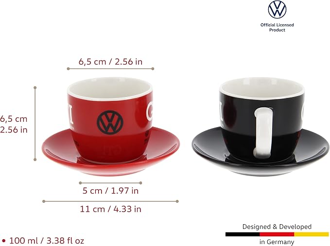 BRISA VW Collection - Volkswagen Espresso Cups Coffee-Tea-Cappuccino Set in GTI Design (The Legend/Red & Black/2-Piece Set/100ml/3.4 fl oz)