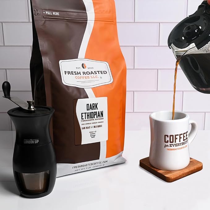 Fresh Roasted Coffee, Dark Ethiopian Yirgacheffe Kochere Whole Bean Coffee, Dark Roast, Kosher, 5 lb (80 oz)