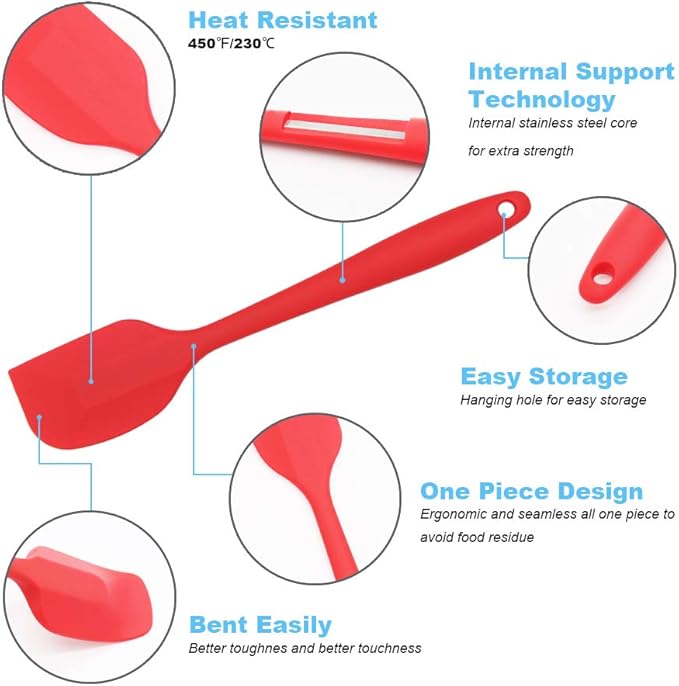 Silicone Spatula 3‑Piece Set Heat Resistant 600°F Non‑Stick Rubber Spatulas with Stainless Steel Core ALLWIN HOUSEWARE Large Spatula, Spoonula & Mini Spatula for Cooking & Baking, Red