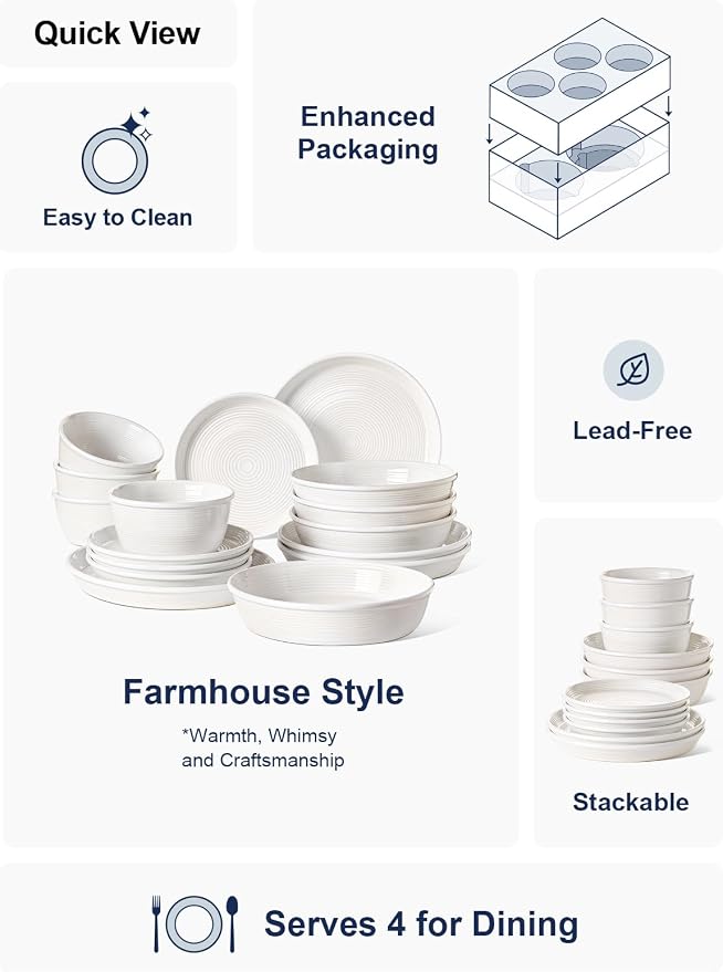 LE TAUCI Dishes Set with Pasta Bowls for 4, Stoneware Dinnerware Set, 10" Dinner & 8" Salad Plates, 6" Bowls, 8.5" Pasta (30 oz), Stackable, Microwave & Dishwasher Safe Ceramic, 16-Piece, White