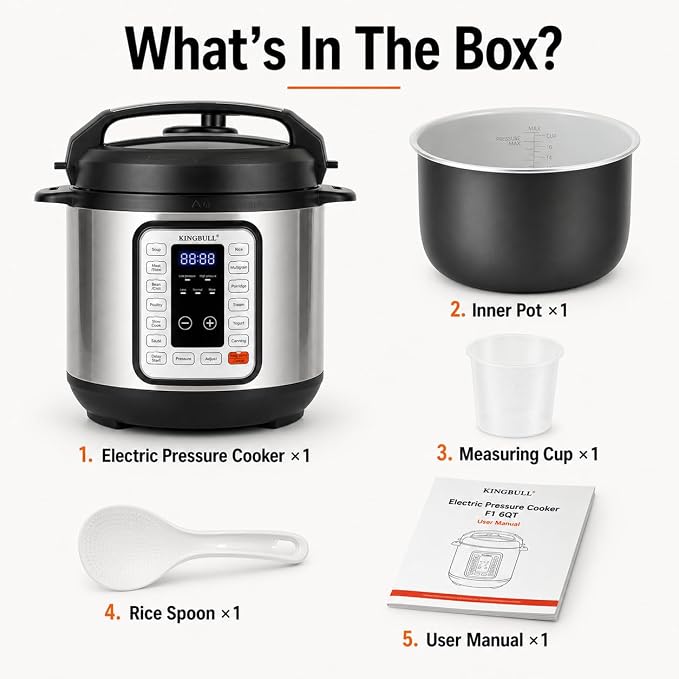 KINGBULL 6QT Electric Pressure Cooker – 12-in-1 Multi Cooker, One-Touch Programs for Rice, Soup, Meat, Steam, Yogurt, Slow Cook, Keep Warm & Delay Start