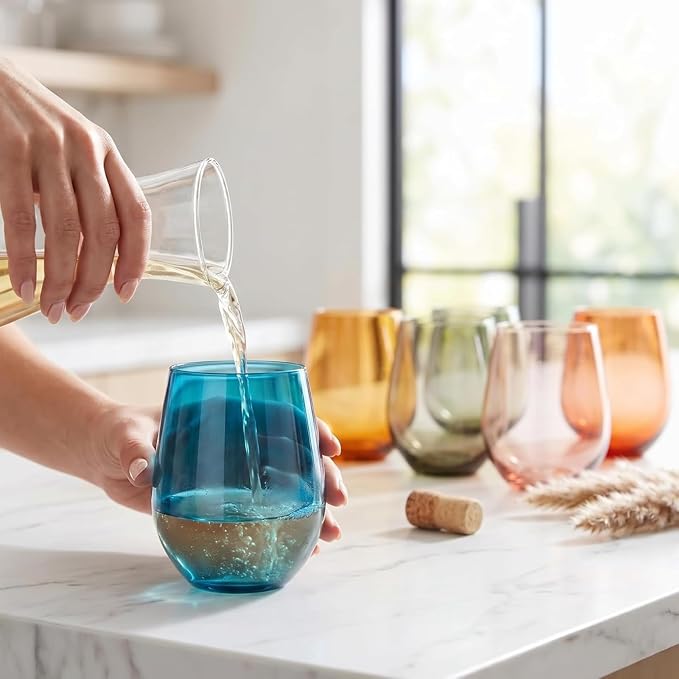 Khen European Style Shatterproof Tritan Stemless Wine Glasses, Acrylic Glass Drinkware, Unbreakable Colored, 6 - Set - BPA-free plastic, Reusable, Dishwasher Safe, All Purpose Glassware 15oz - (Muted)