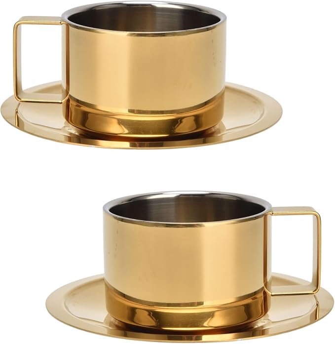 2Pcs Espresso Cups and Saucers Set, Coffee Cup and Saucer Set Gold Coffee Mug Stainless Steel Demitasse Cups Exquisite Luxury Small Coffee Containers for Latte Cappuccino Tea, 200ML