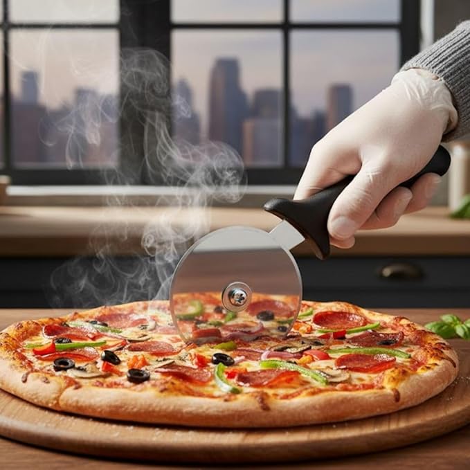 Soro Essentials- 4" Stainless Steel Pizza Cutter Wheel with Plastic Handle Black Color- Pizza Wheel Slicer Built in Finger Guard for Safety Pizza Wheel Sharp Blade for Cutting Through Crusts Pies