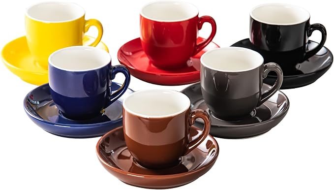 5oz Espresso Cups with Saucers Set, Colorful Coffee Cups Set, Ceramics Tea Cup with Handle, Coffee Mugs Set of 6, Assorted Colors