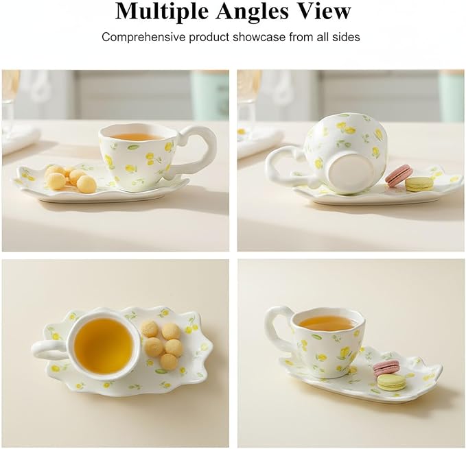 Unique Ceramic Tea Cup and Saucer Set, Coffee Mug, Cup and Saucer Set, Cute Fancy Women's Day Girly Afternoon Tea Set, 5.4 oz/160 ml Vintage Style, For Women and Tea Parties, Yellow flowers
