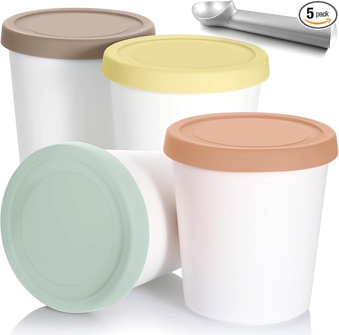 Nuenen 5 Pack Ice Cream Containers 1Qt Freezer Storage Tubs with Silicone Lids and Spoon for Homemade Ice Cream Reusable, Sorbet Dishwasher Safe (Morandi Colors)