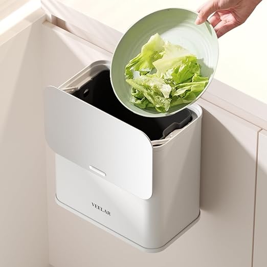 Hanging Stainless Steel Trash Can, 1.6 Gallon /6L Small Compost Bin for Kitchen Cabinet, Bathroom (Grey)