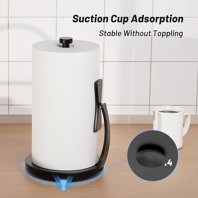 VEHHE Paper Towel Holder Countertop, Black Paper Towel Holder with Spring Activated Arm and Damping Effect, Simply Tear Paper Towel Stand for Bathroom and Kitchen (Black)