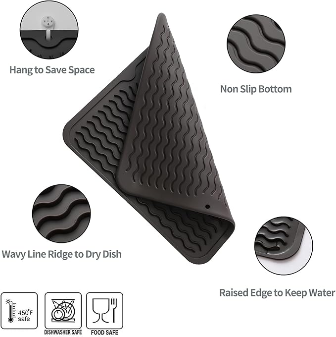 MicoYang Silicone Dish Drying Mat for Multiple Usage,Easy clean,Eco-friendly,Heat-resistant Silicone Mat for Kitchen Counter or Sink,Refrigerator or Drawer liner Coffee M 12 inches x 12 inches