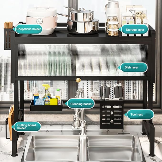 Dish Drying Rack, 3-Tier Over The Sink Dish Drying Rack, 33.5" Over Sink Dish Rack for Small Kitchen, Space-Saving Dish Rack with Cover for Dishes, Glasses, Bowls, Cutlery