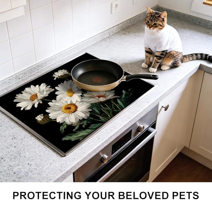 Stove Top Cover for Electric Stove 28.4 x 20.5 Inch Non Slip Stove Mat Oil Proof White Daisy Glass Cooktop Protector Kitchen Counter Mat
